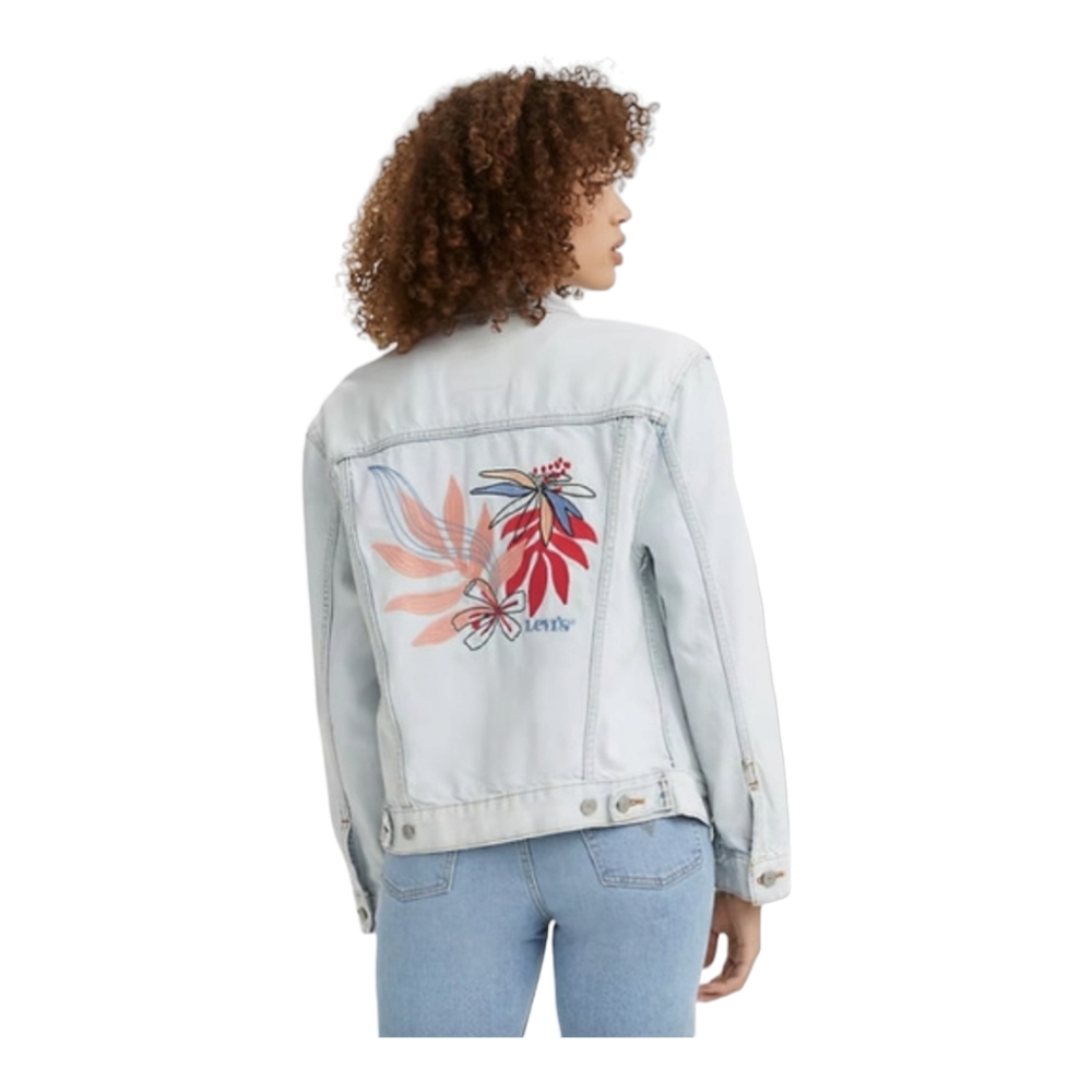Levi's Embroidered Boyfriend Jean Jacket Tropical Floral Beachy Hawaiian Size L